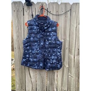 Gap Women Navy Blue Floral Puffer Vest Quilted Rose Print Sleeveless Jacket M